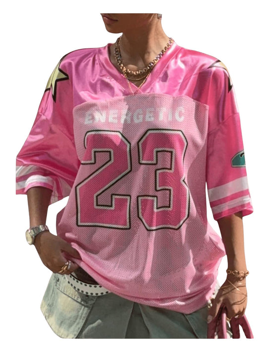 GLITZY No.1 Women's Y2k Oversized V-Neck Tee Hot Pink XS
