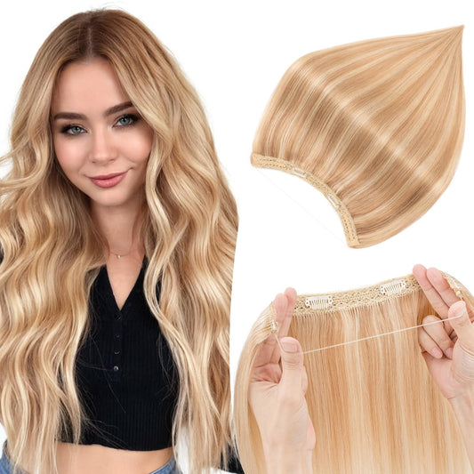 TESSHAIR Halo Hair Extensions Real Human 22 Inch Hair Halo Extensions for Women Long Straight Wire Hair Extensions Real Human Hair 75g Hair Extensions Halo #Golden Brown Mixed Bleach Blonde