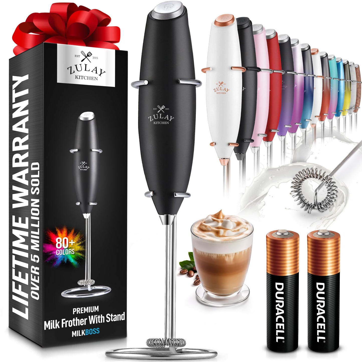 Zulay High-Speed Milk Frother Wand - Portable Electric Whisk & Foam Maker - For Coffee, Matcha, Hot Chocolate - Includes 2 Batteries - Black